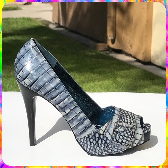 PELLE MODA Blue Gray Snakeskin Peep Toe Stiletto High Heels Pumps Size 8 M - Picture 4 of 14